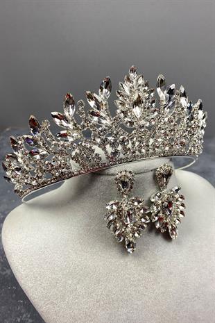 Gümüş Danver Taşlı Gelin Tacı Ve Küpeli Set