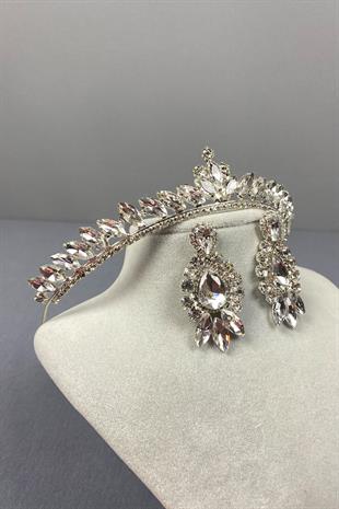 Gümüş Ece Gelin Tacı Ve Damla Mekik Taşlı Küpe Seti
