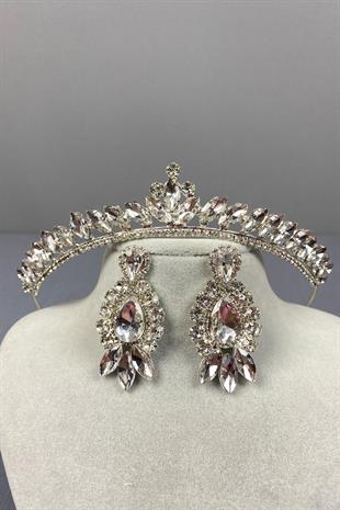 Gümüş Ece Gelin Tacı Ve Damla Mekik Taşlı Küpe Seti