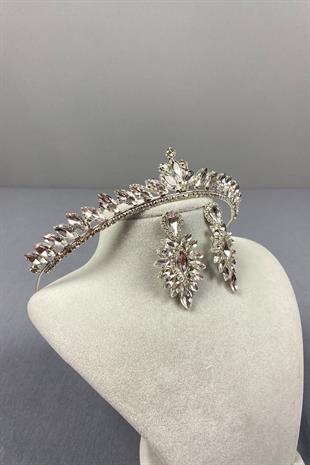 Gümüş Ece Gelin Tacı Ve Damla Taşlı Küpe Seti