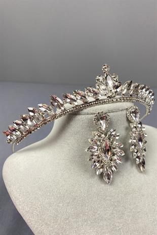 Gümüş Ece Gelin Tacı Ve Damla Taşlı Küpe Seti