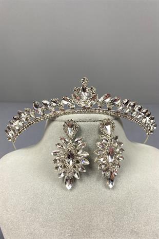 Gümüş Ece Gelin Tacı Ve Damla Taşlı Küpe Seti