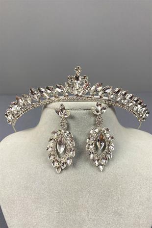 Gümüş Ece Gelin Tacı Ve Mekik Taşlı Küpe