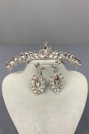 Gümüş Ece Gelin Tacı Ve Mekik Taşlı Küpe