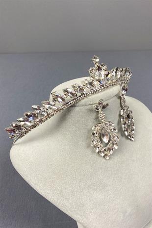 Gümüş Ece Gelin Tacı Ve Mekik Taşlı Küpe