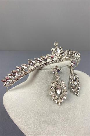 Gümüş Ece Gelin Tacı Ve Mekik Taşlı Küpe