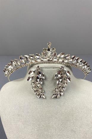 Gümüş Ece Gelin Tacı Ve Yaprak Taşlı Küpe