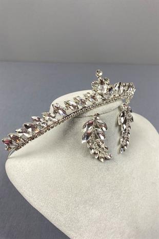 Gümüş Ece Gelin Tacı Ve Yaprak Taşlı Küpe