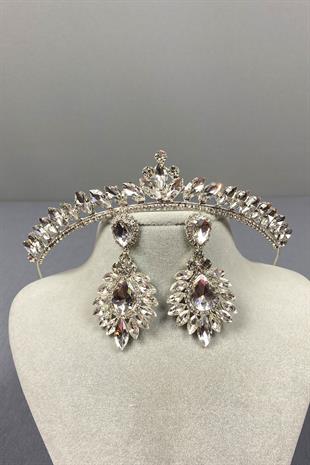 Gümüş Ece Gelin Tacı Ve Yuvarlak Taşlı Küpe Seti