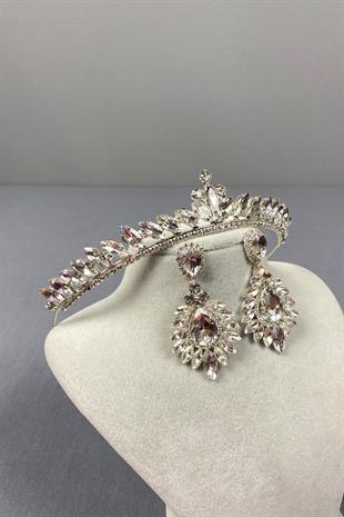 Gümüş Ece Gelin Tacı Ve Yuvarlak Taşlı Küpe Seti