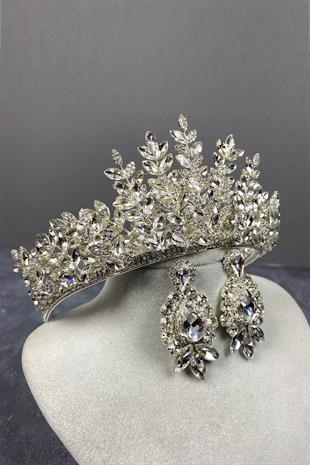 Silver Ezel 3D Bridal Henna Crown And Stud Earring Set