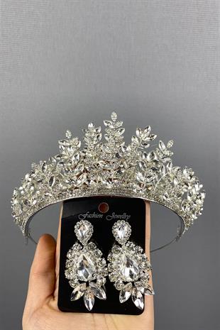 Silver Ezel 3D Bridal Henna Crown And Stud Earring Set