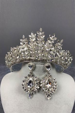 Silver Ezel 3D Bridal Henna Crown And Drop Earrings Set