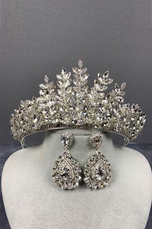 Silver Ezel 3D Bridal Henna Crown And Stone Drop Earrings Set