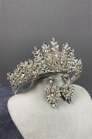 Silver Ezel 3D Bridal Henna Crown And Earring Set