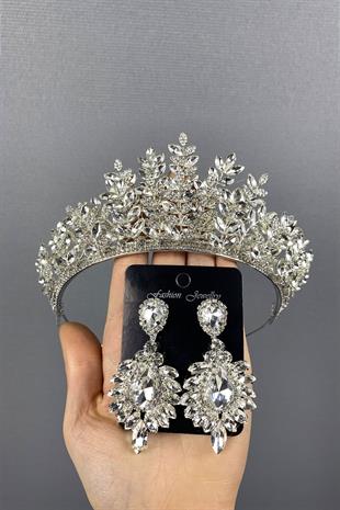 Silver Ezel 3D Bridal Henna Crown And Drop Earrings Set