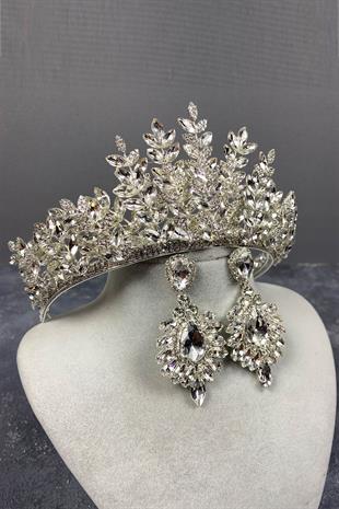 Silver Ezel 3D Bridal Henna Crown And Drop Earrings Set