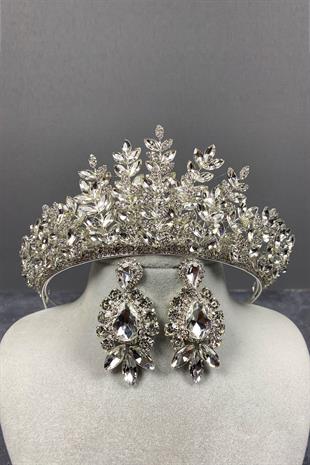 Silver Ezel 3D Bridal Henna Crown And Stud Earring Set
