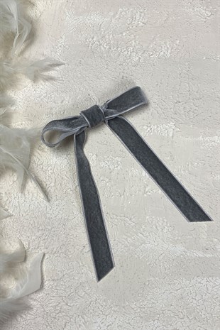 Gümüş Fiyonklu Kadife Kurdeleli Saç Tokası