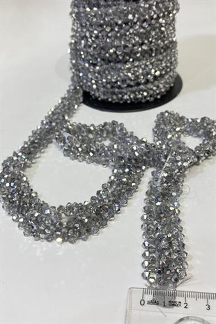 Gümüş Geniş Kristal Boncuklu İşlemeli Şerit