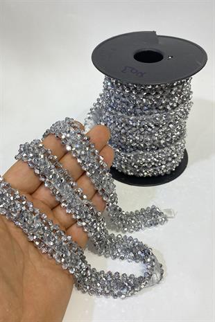 Gümüş Geniş Kristal Boncuklu İşlemeli Şerit