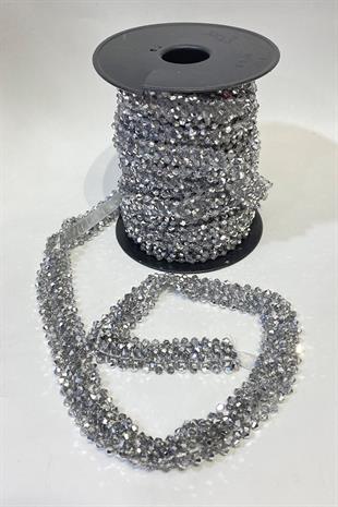 Gümüş Geniş Kristal Boncuklu İşlemeli Şerit