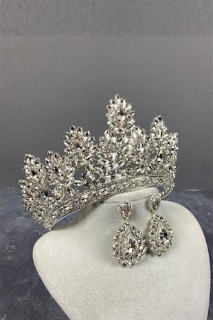 Silver Godiva High Bridal Crown And Drop Stone Earrings