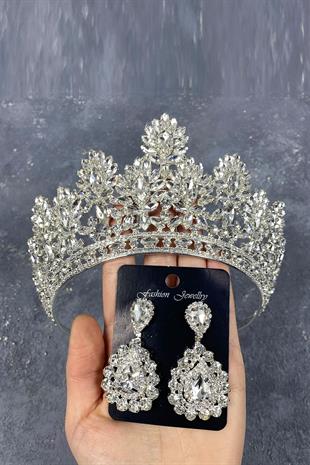 Silver Godiva High Bridal Crown And Drop Stone Earrings