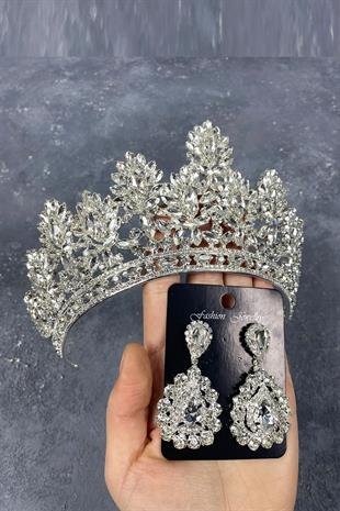 Silver Godiva High Bridal Crown And Drop Stone Earrings
