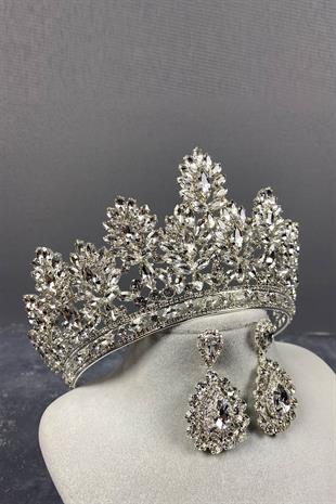 Silver Godiva High Bridal Crown And Drop Stone Earrings