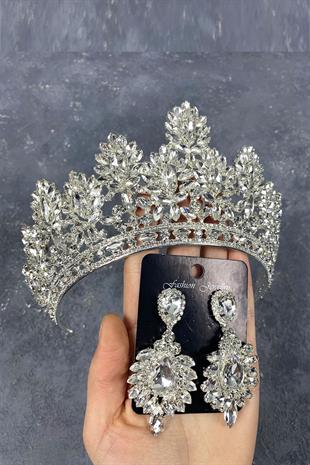 Silver Godiva High Bridal Crown And Shuttle Evening Dress Earrings