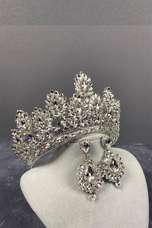 Silver Godiva High Bridal Crown And Shuttle Evening Dress Earrings