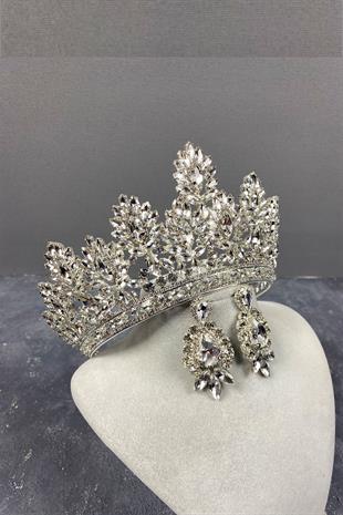 Silver Godiva High Bridal Crown And Stud Earrings