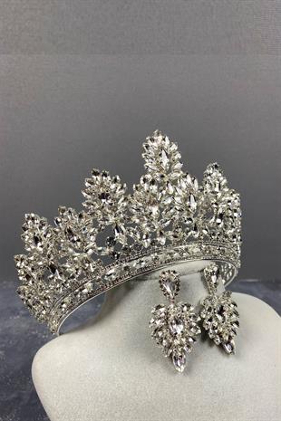 Silver Godiva High Bridal Crown And Shuttle Stone Evening Dress Earring Set