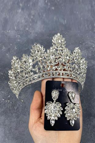 Silver Godiva High Bridal Crown And Shuttle Stone Evening Dress Earring Set