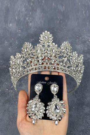 Silver Godiva High Bridal Crown And Shuttle Evening Dress Earrings
