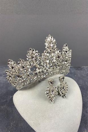 Silver Godiva High Bridal Crown And Shuttle Stone Evening Dress Earring Set