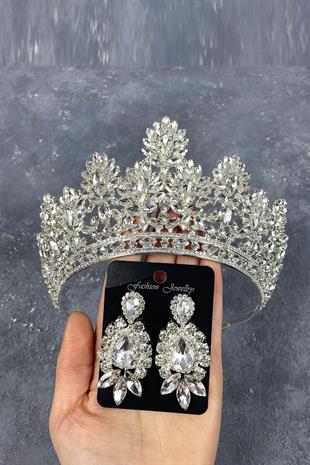 Silver Godiva High Bridal Crown And Stud Earrings