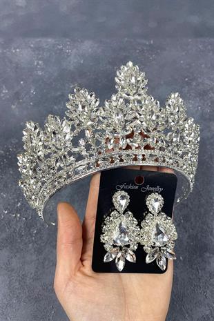 Silver Godiva High Bridal Crown And Stud Earrings