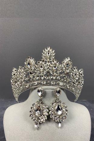 Silver Godiva High Bridal Crown And Shuttle Evening Dress Earrings