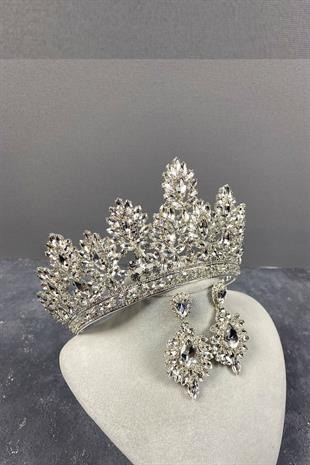 Silver Godiva High Bridal Crown And Shuttle Evening Dress Earrings