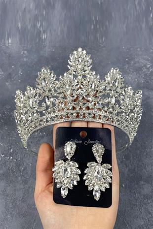 Silver Godiva High Bridal Crown And Shuttle Stone Evening Dress Earring Set