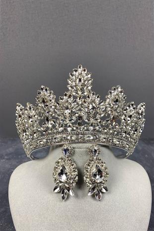 Silver Godiva High Bridal Crown And Stud Earrings