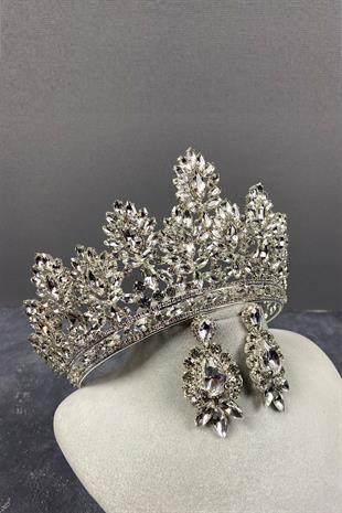 Silver Godiva High Bridal Crown And Stud Earrings