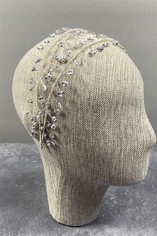 Gümüş Gri Çift Sıralı Leva Kristal Boncuklu Gelin Kına Tacı