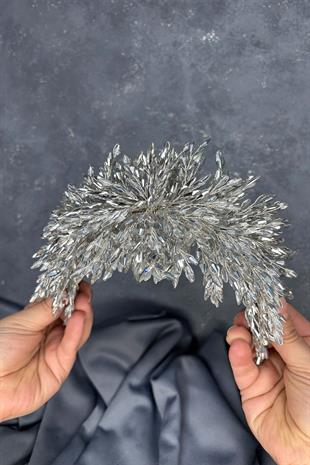 Gümüş Gri Eva Yoğun Boncuk İşlemeli Gelin Kına Tacı