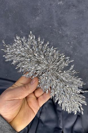 Gümüş Gri Eva Yoğun Boncuk İşlemeli Gelin Kına Tacı