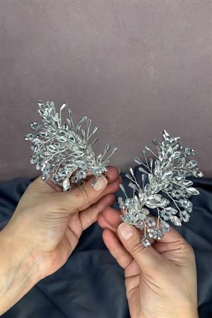 Gümüş Gri Selis Çift Taraflı Gelin Kına Tacı Saç Aksesuarı