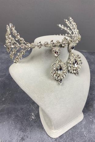 Gümüş Helenist Çift Taraflı Gelin Kına Tacı ve Küpe Seti