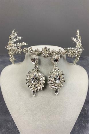 Gümüş Helenist Çift Taraflı Gelin Kına Tacı ve Küpe Seti